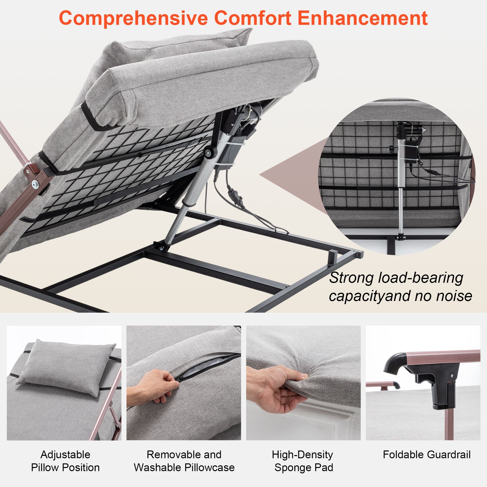 Electric Adjustable Bed Backrest with Collapsible Safety Rails & Remote Control