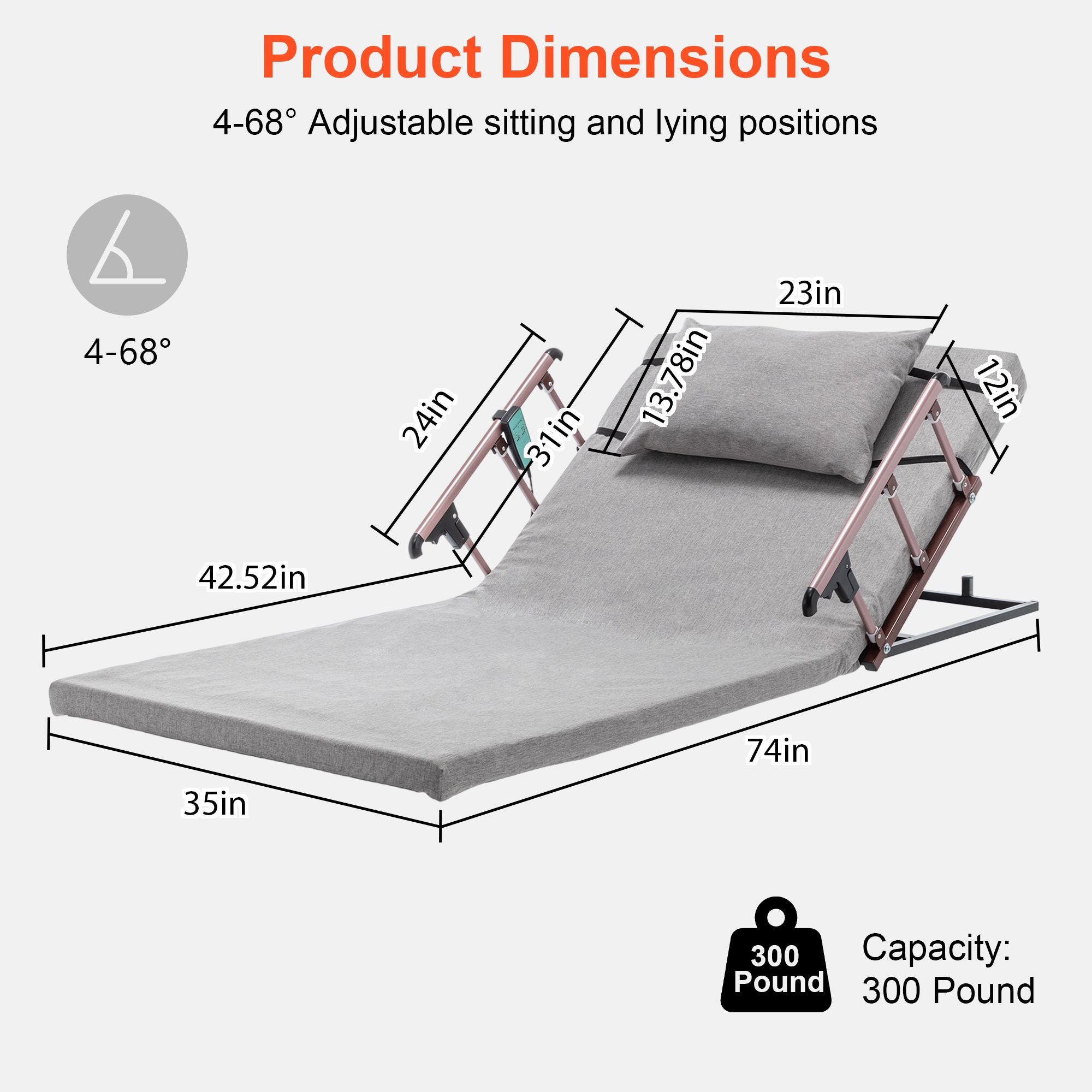 Electric Adjustable Bed Backrest with Collapsible Safety Rails & Remote Control