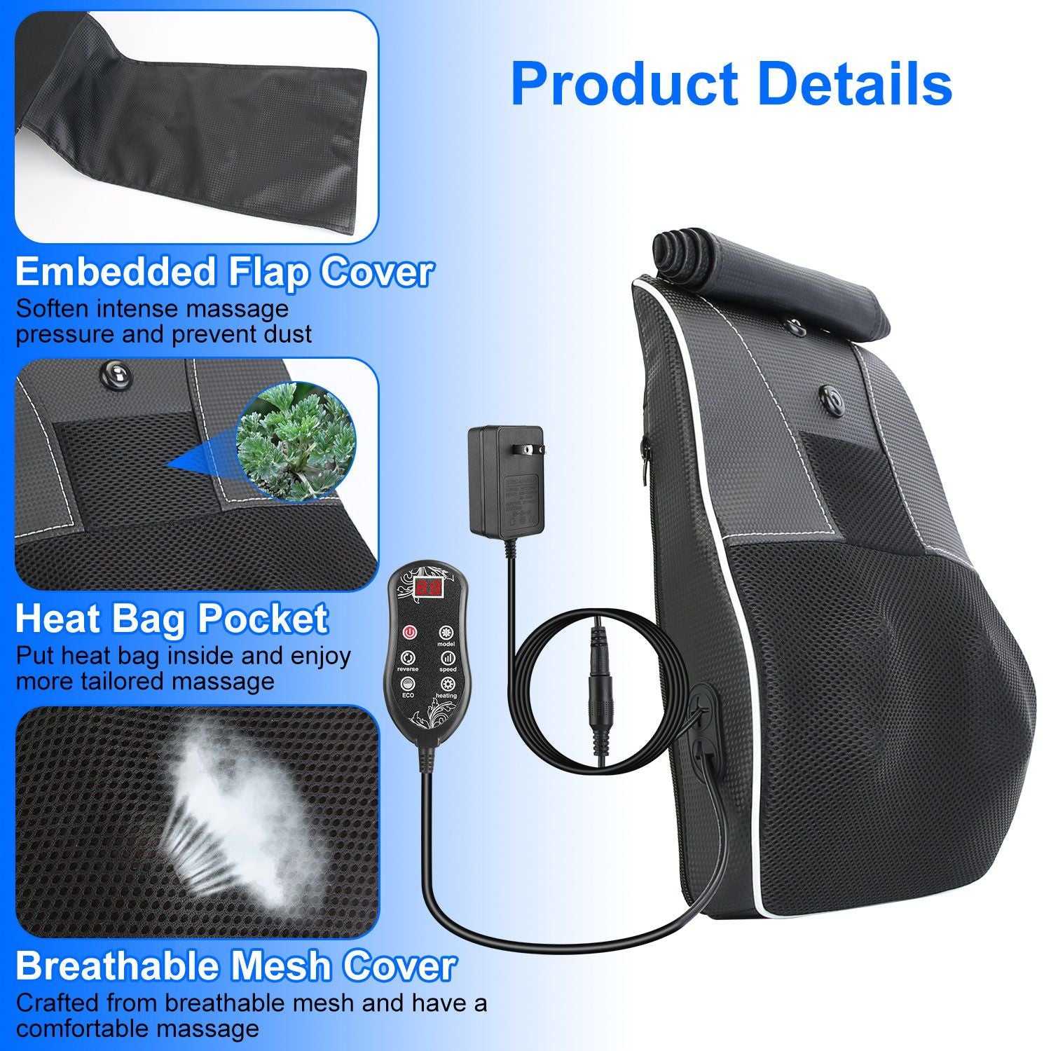 Back Massager with Heat 3D Kneading Massage Pillow