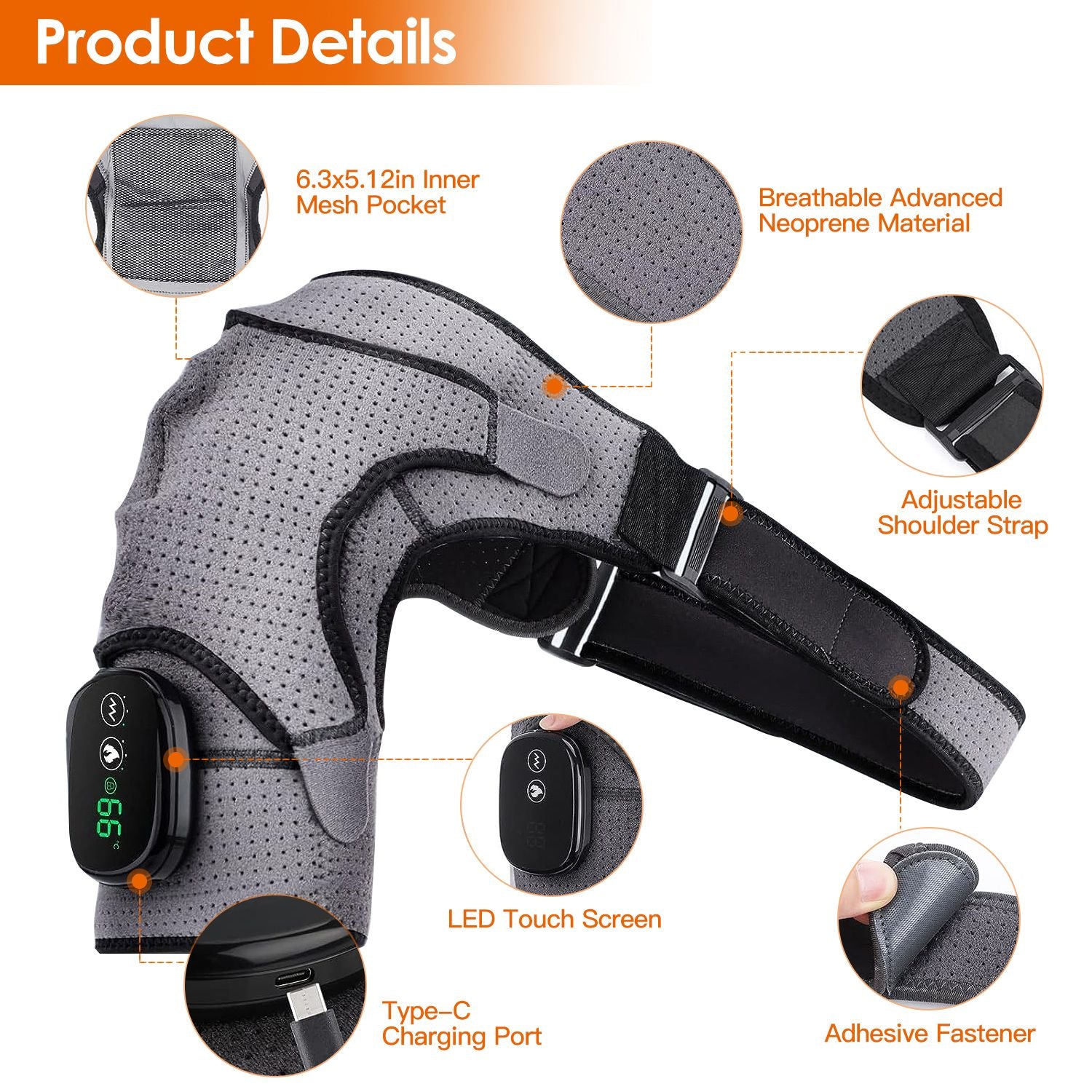 Cordless Shoulder Heating Pad Rechargeable Heated Shoulder Wrap Massager Shoulder Brace Supports