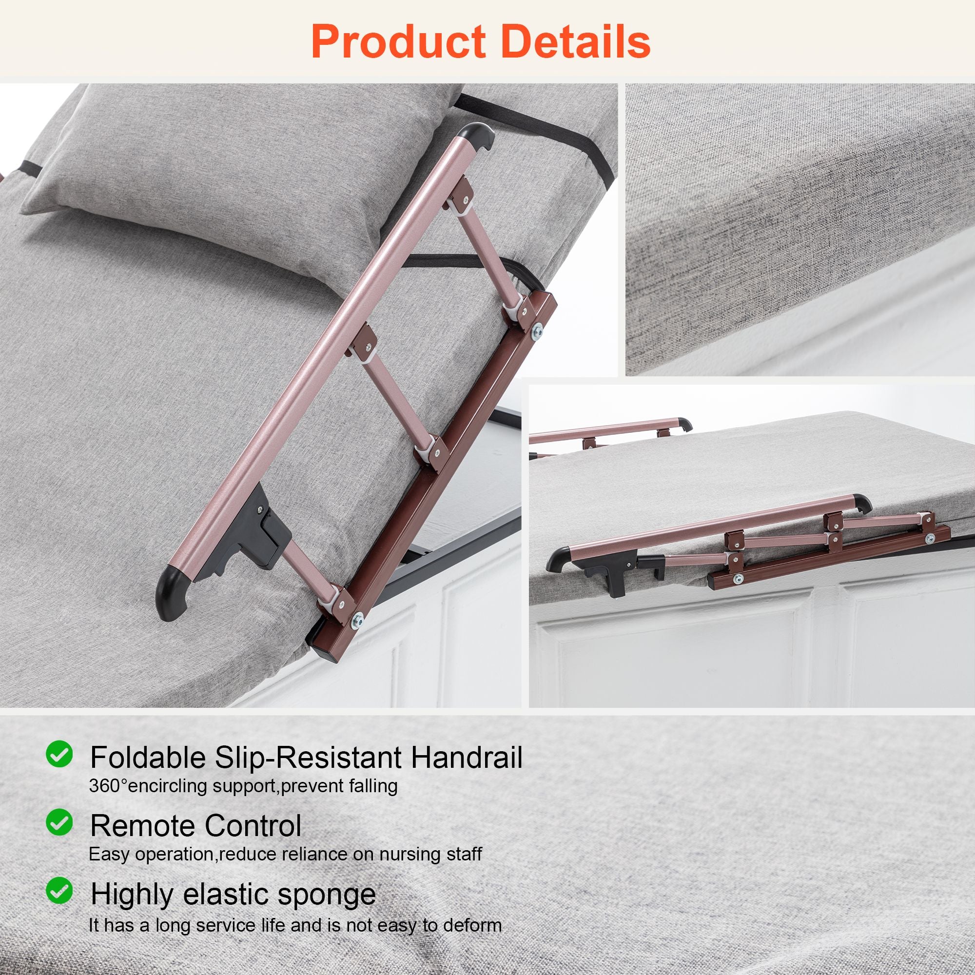 Electric Adjustable Bed Backrest with Collapsible Safety Rails & Remote Control