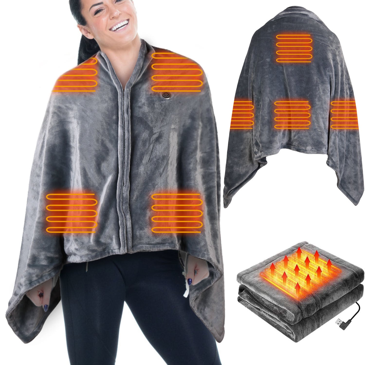 Electric Heated Blanket - Poncho - Shawl - Wrap - Throw with Zipper