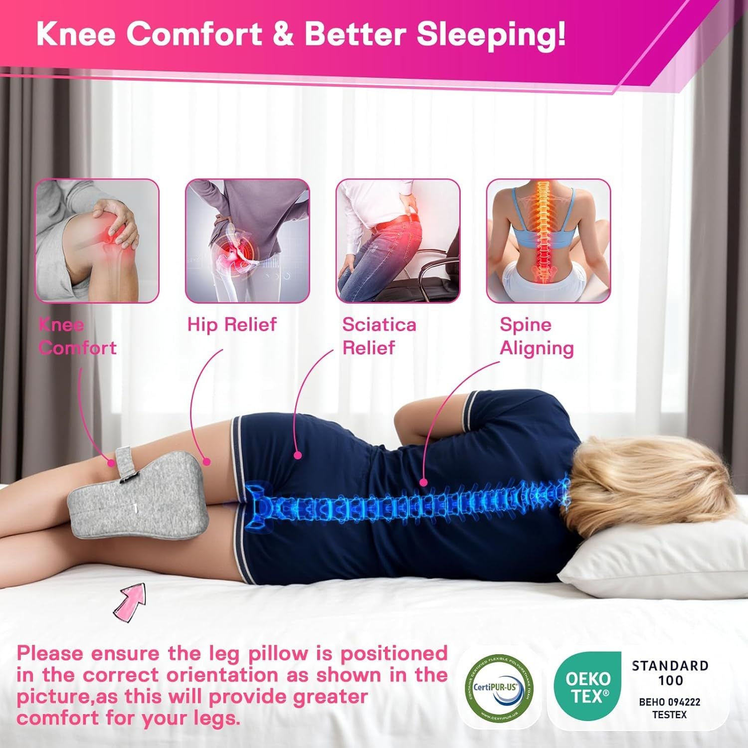 Smooth Spine Alignment / knee Memory Foam Pillow for Back Hip Pain, Spine Aligning, Sciatica, Surgery Recovery, Pregnancy