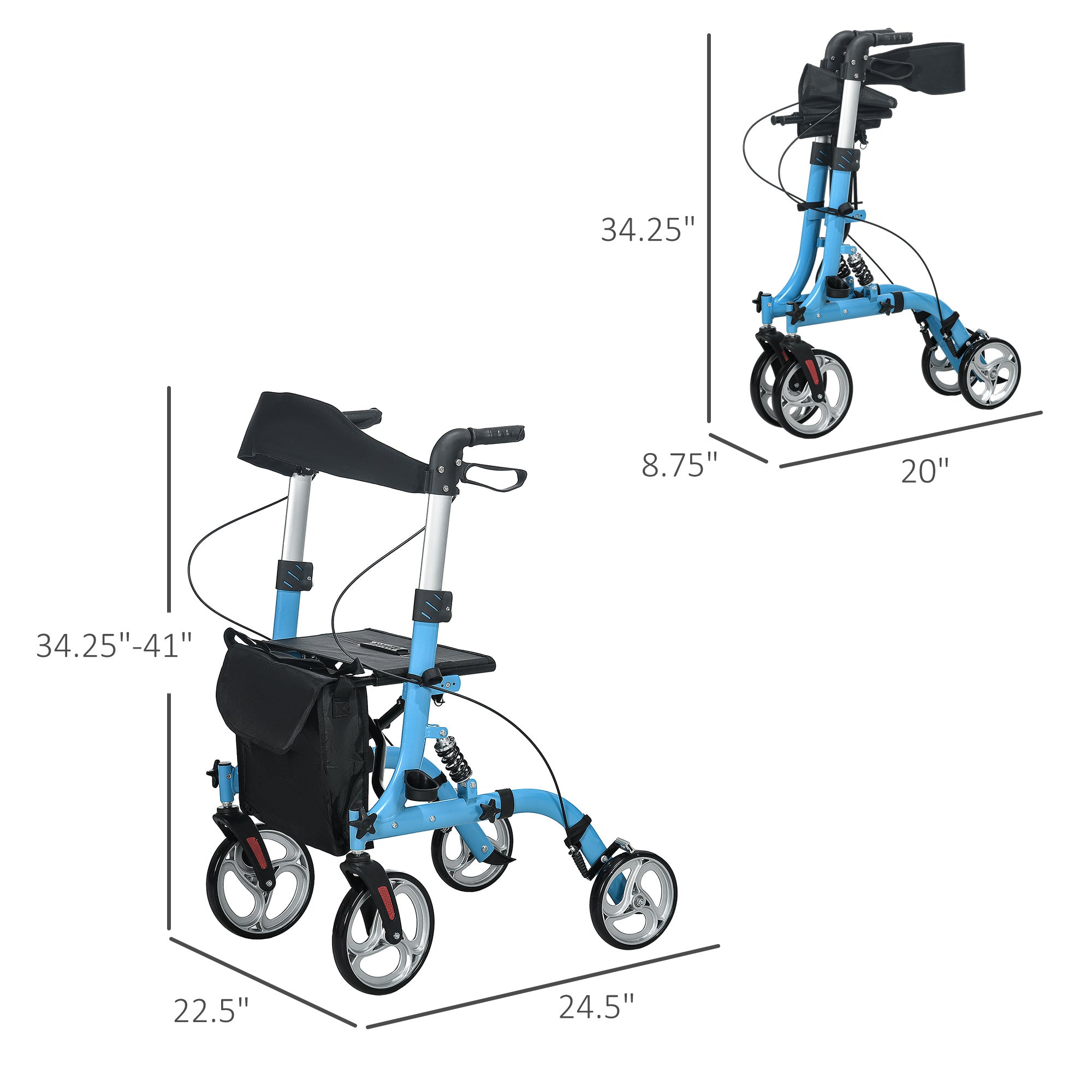 Rollator Walker with Seat and Backrest. Adults, 300lb Capacity, Blue