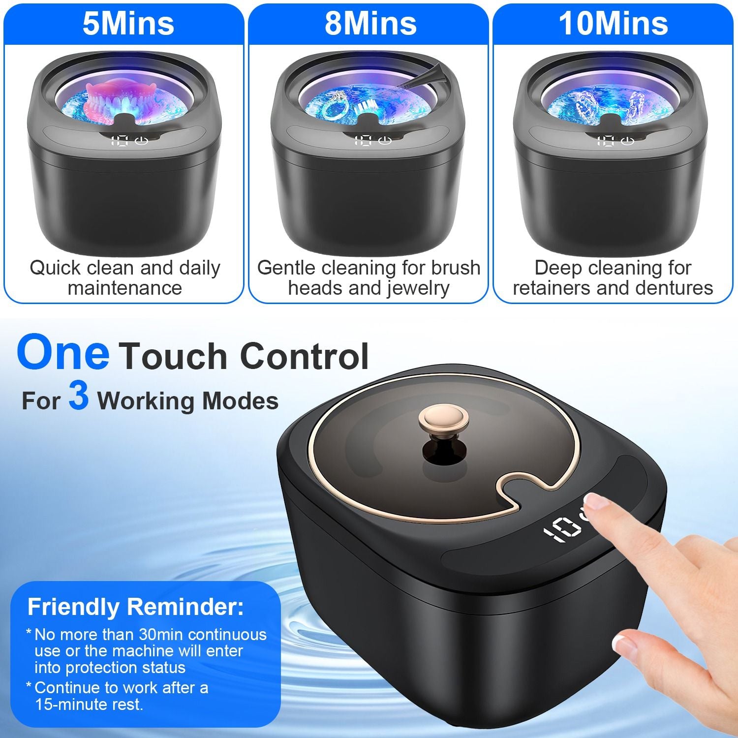 45kHz Ultrasonic Cleaning Machine for Retainers, Denture, Mouthguard, Aligners, Dental Trays, Braces, Rings, Jewelry etc