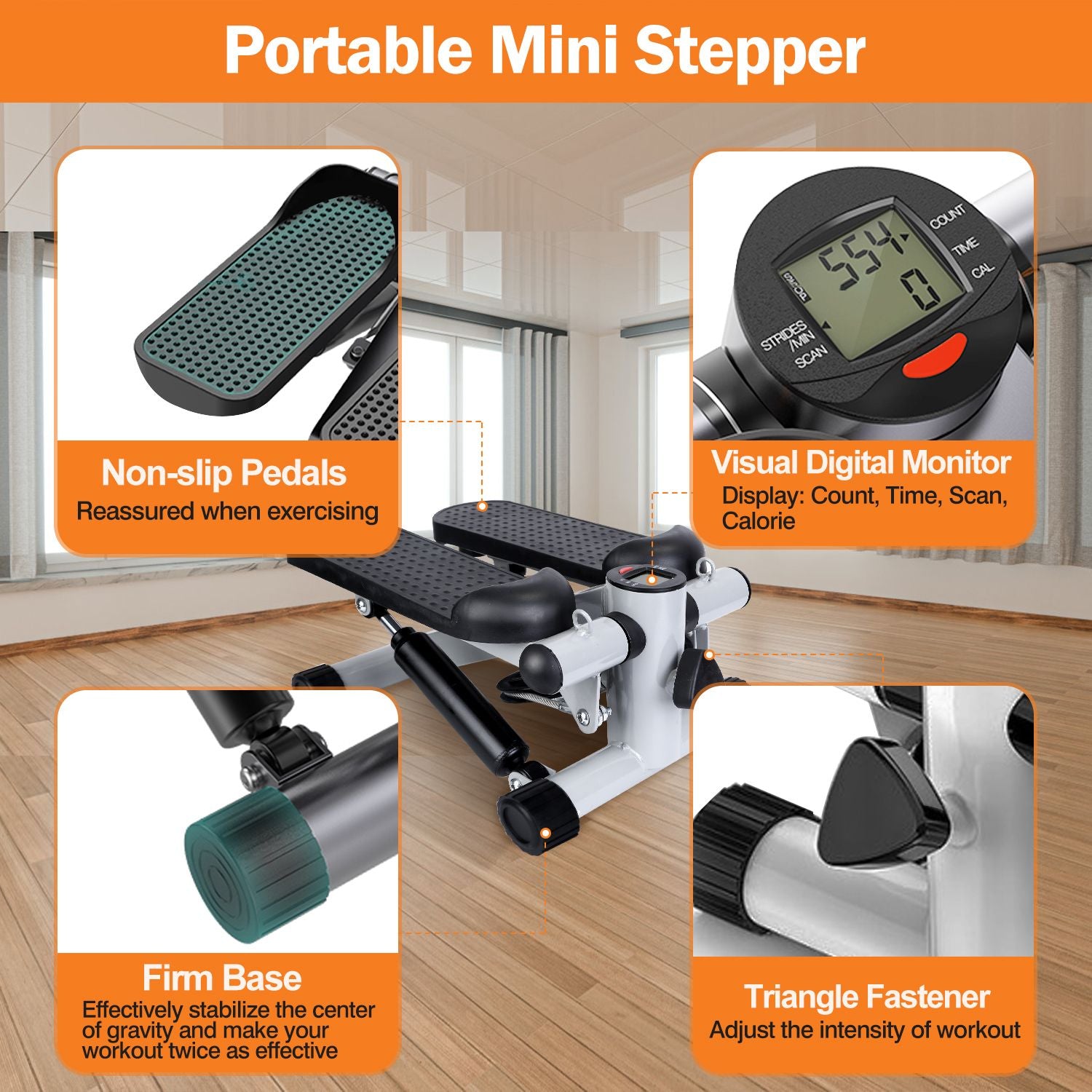 Exercise Mini Fitness Stepper with 2 Resistance Bands and LCD Monitor
