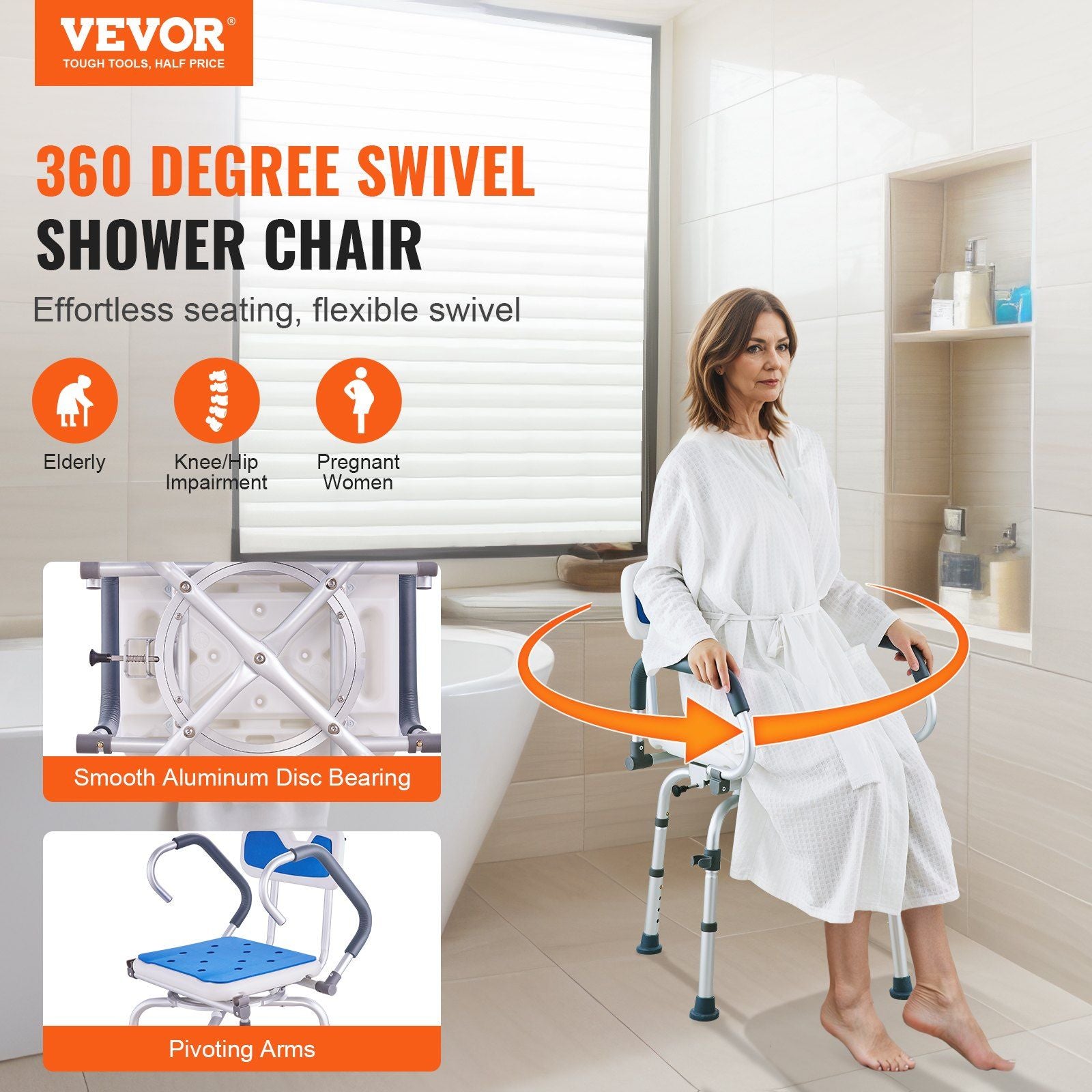 Shower Chair 360° Swivel Bathtub Shower Seat with Pivoting Arms - 400LBS