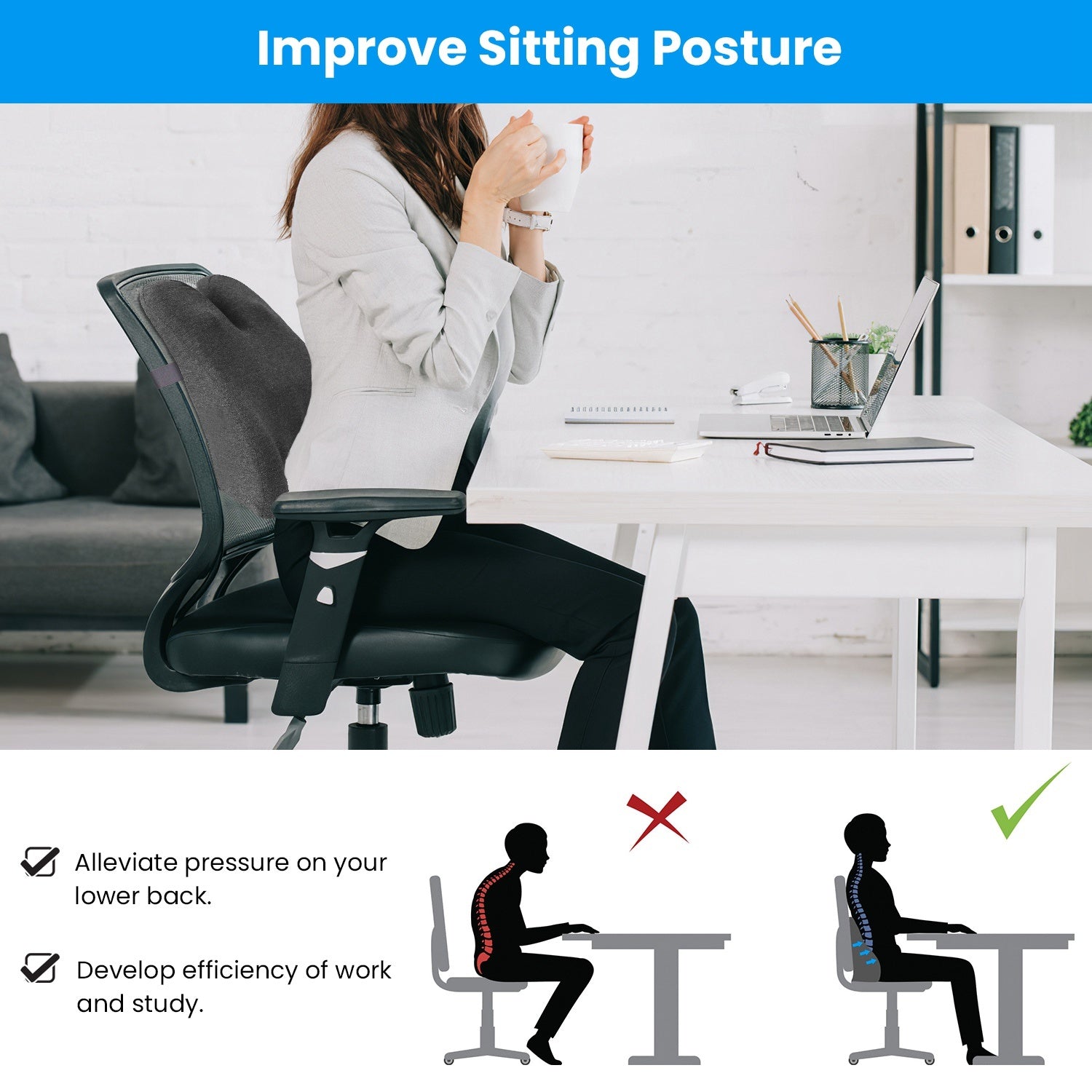 Back Support Cushion With Vibration. Lumbar Support Pillow.