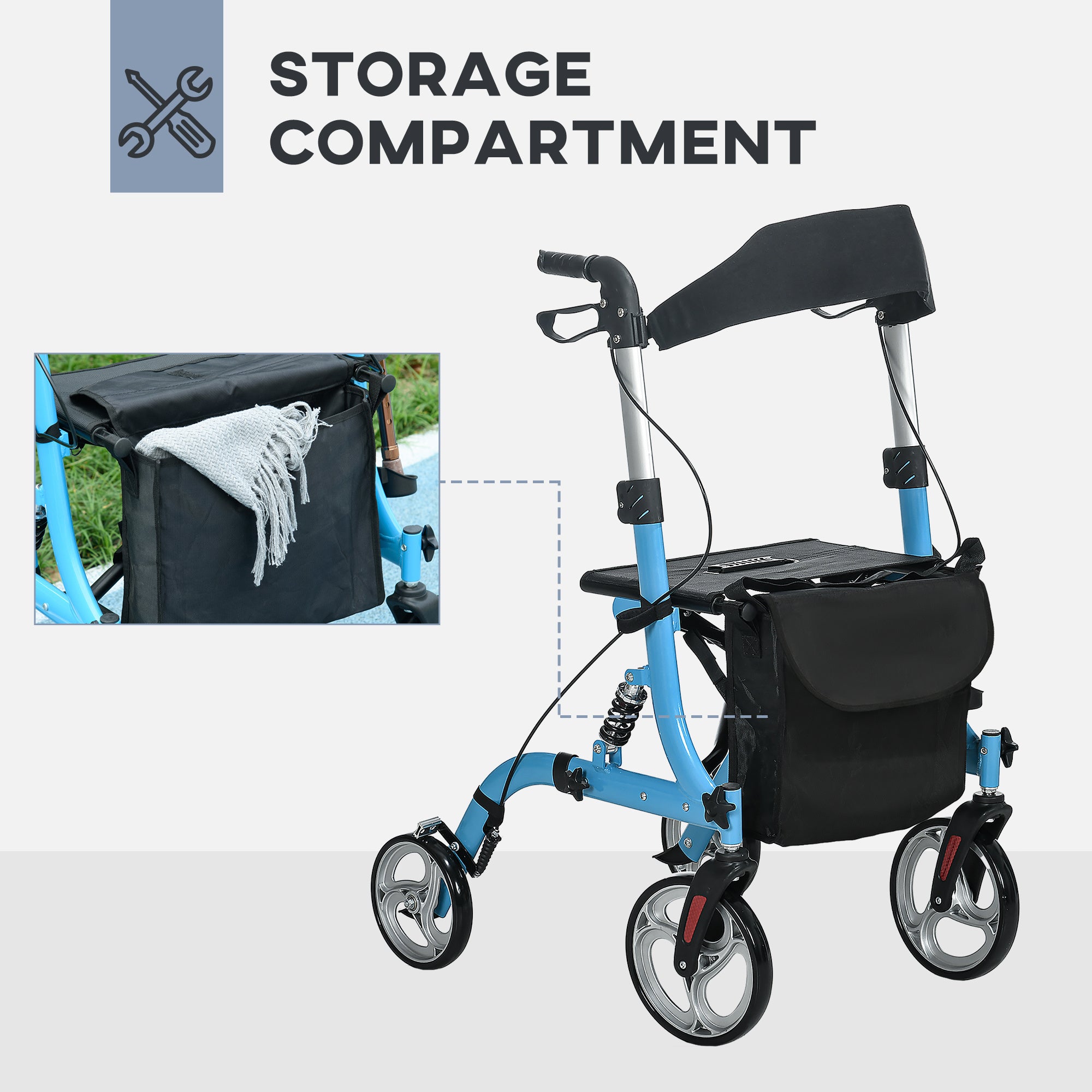 Rollator Walker with Seat and Backrest. Adults, 300lb Capacity, Blue