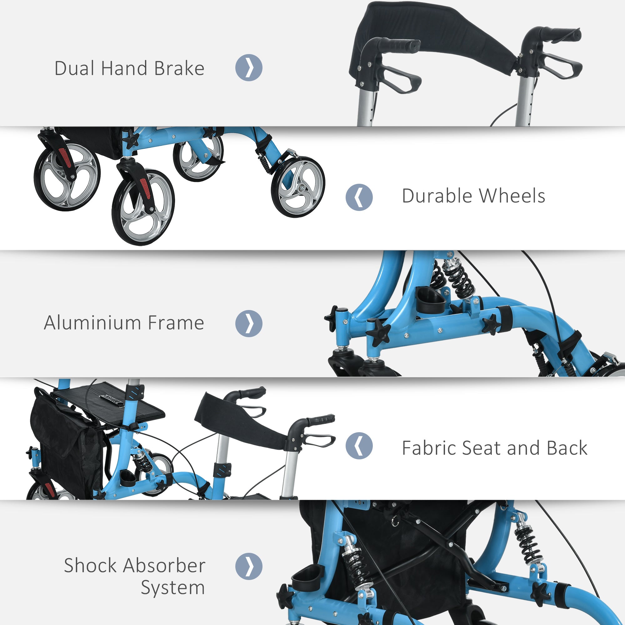 Rollator Walker with Seat and Backrest. Adults, 300lb Capacity, Blue