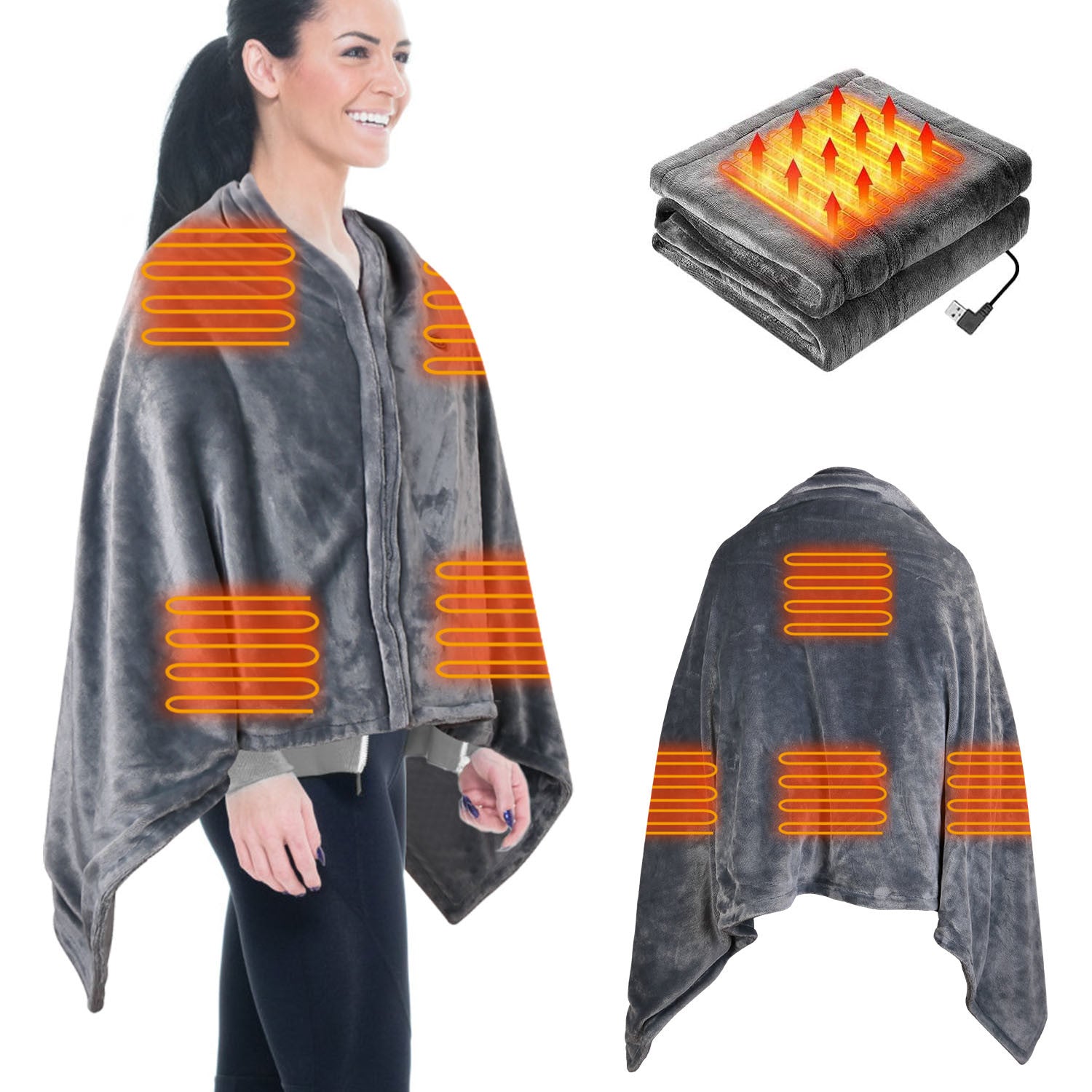 Electric Heated Blanket - Poncho - Shawl - Wrap - Throw with Zipper