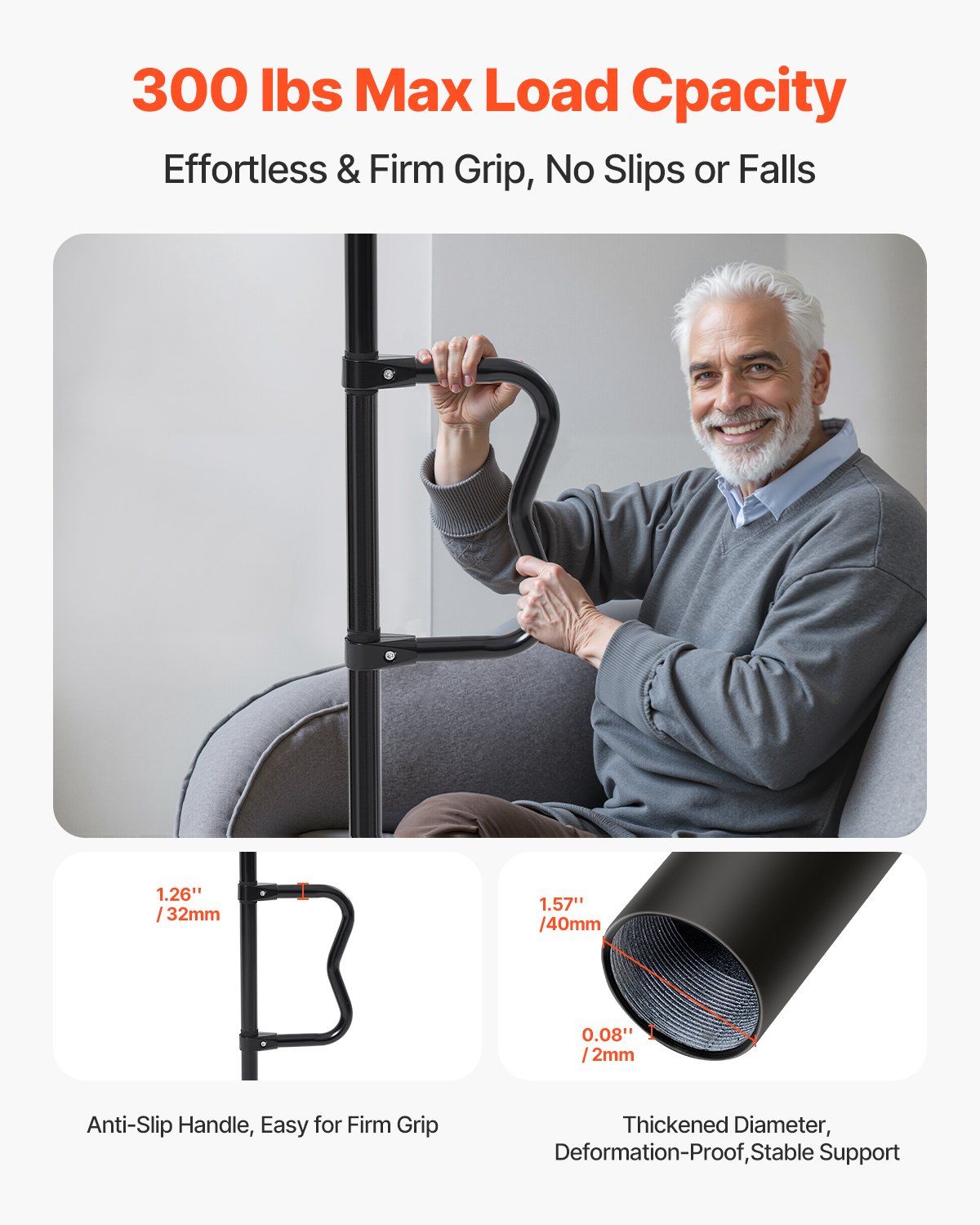 Floor-to-Ceiling Transfer Pole, Tension Mounted Bathroom Grab Bar with Anti-Slip Curve Handle