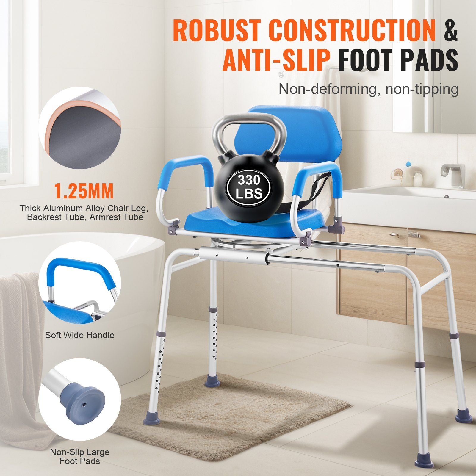 Sliding Tub Transfer - Bench / Shower Chair with 360 Degree Swivel Seat - 330Lbs