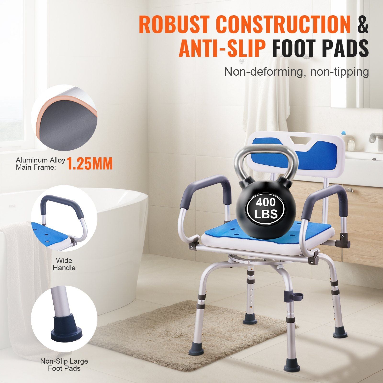 Shower Chair 360° Swivel Bathtub Shower Seat with Pivoting Arms - 400LBS