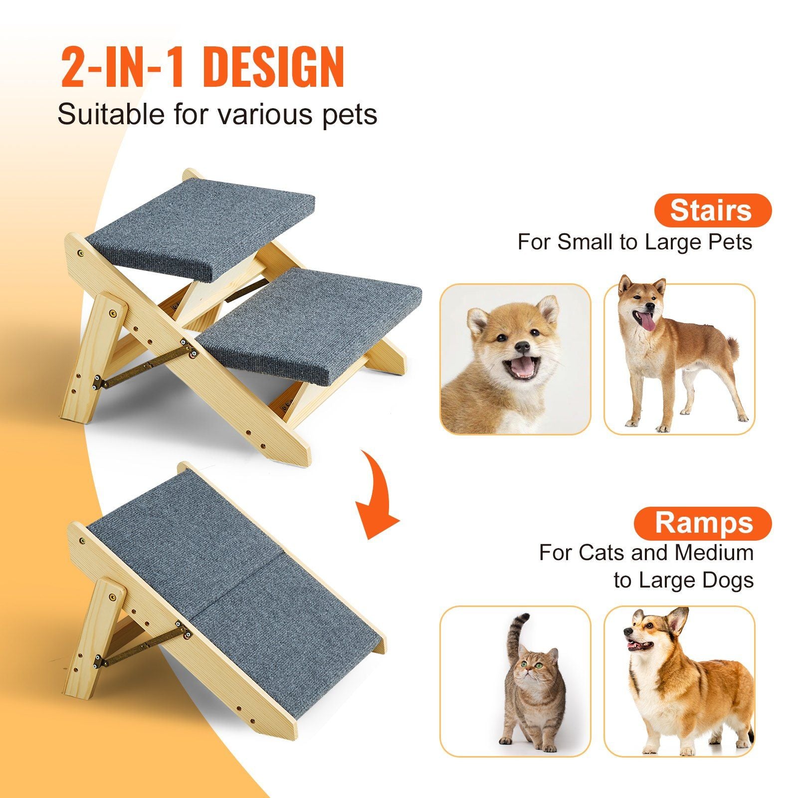 Wooden Pet Stairs/Ramp 2-in-1 Foldable up to 110 lbs