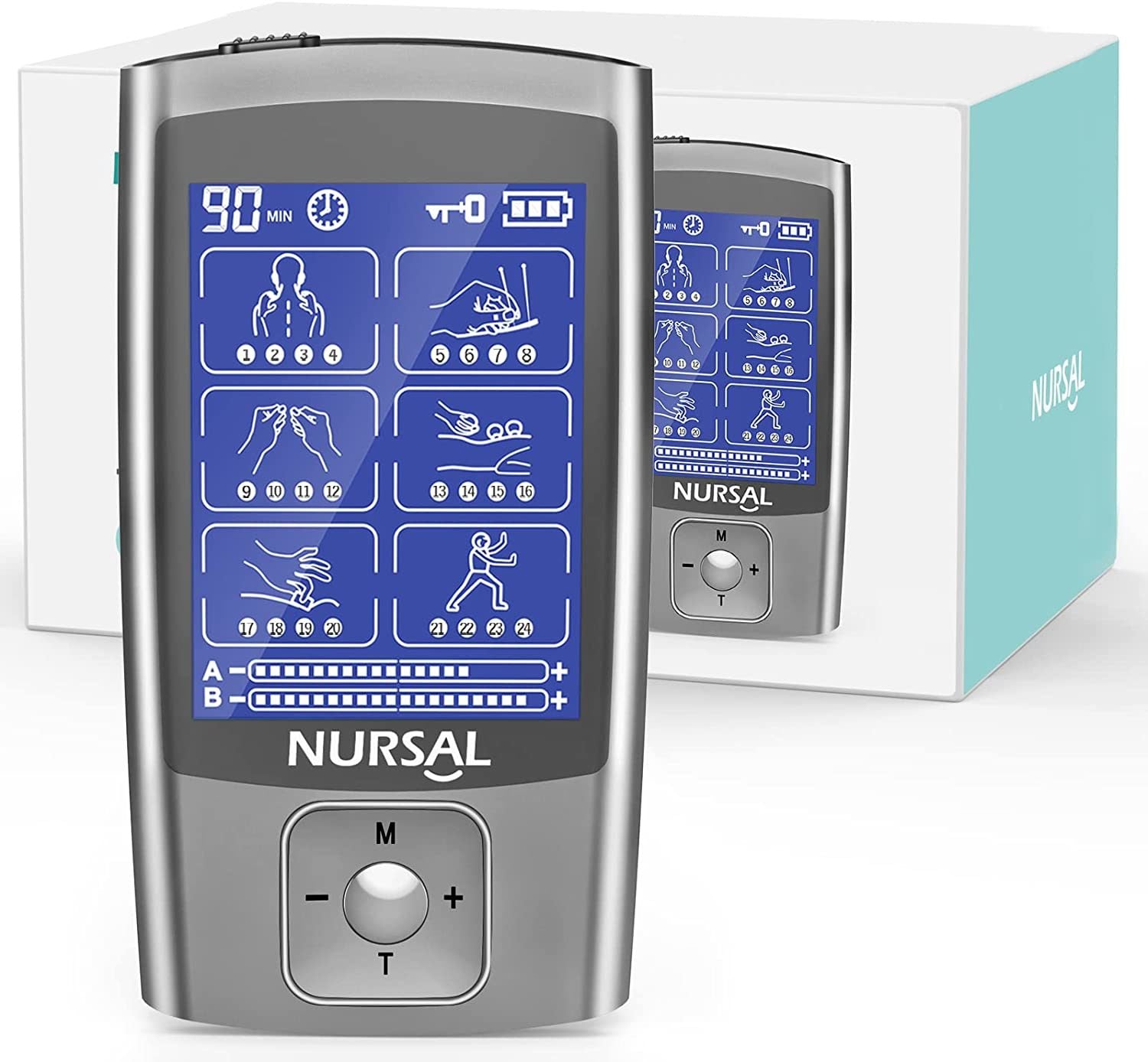 NURSAL TENS EMS Unit;  Electric Muscle Stimulator Machine for Back Pain Relief, Therapy & Management. 24 Modes, 8 Electrode Replacement Pads