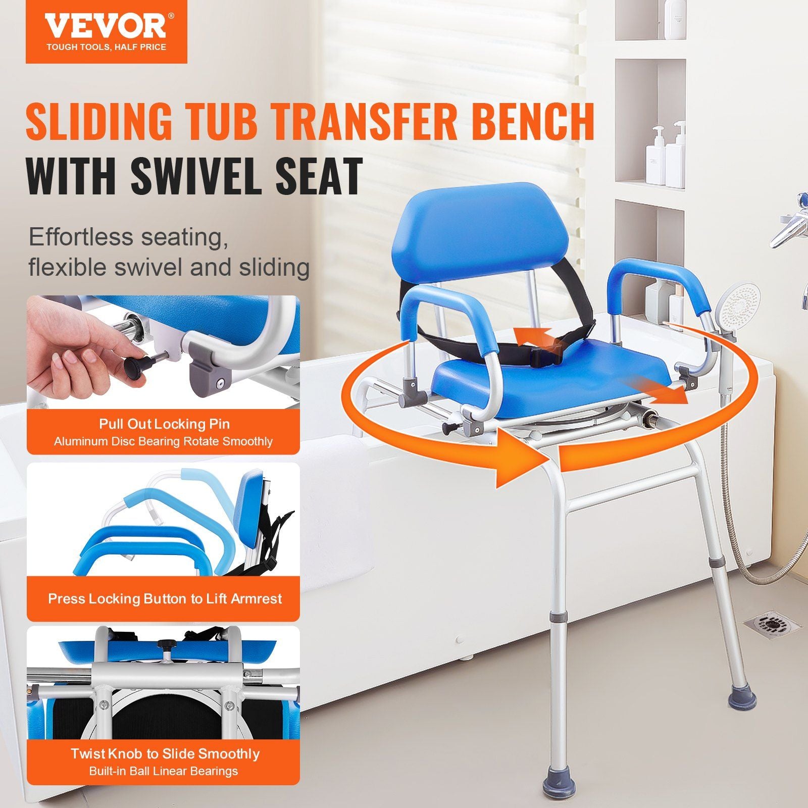 Sliding Tub Transfer - Bench / Shower Chair with 360 Degree Swivel Seat - 330Lbs