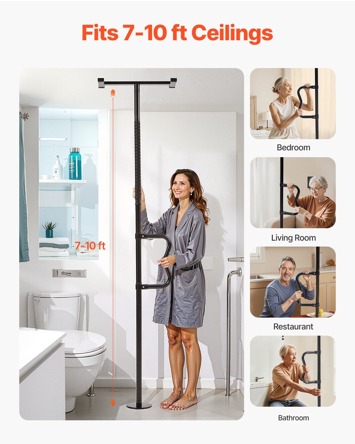 Floor-to-Ceiling Transfer Pole, Tension Mounted Bathroom Grab Bar with Anti-Slip Curve Handle