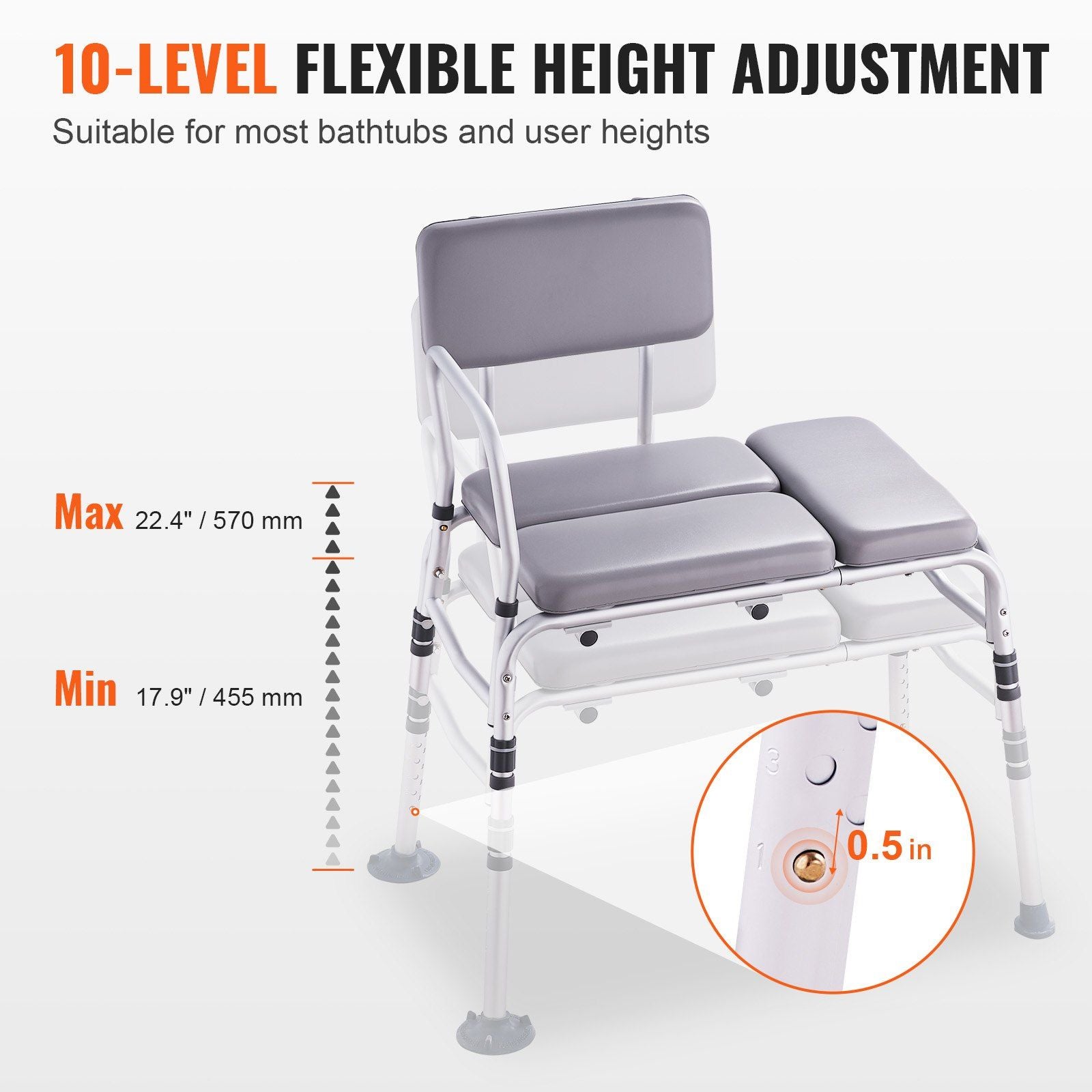 Tub Transfer / Bench for Bathtub 500lbs, with Padded Seat, Armrest and Reversible Backrest