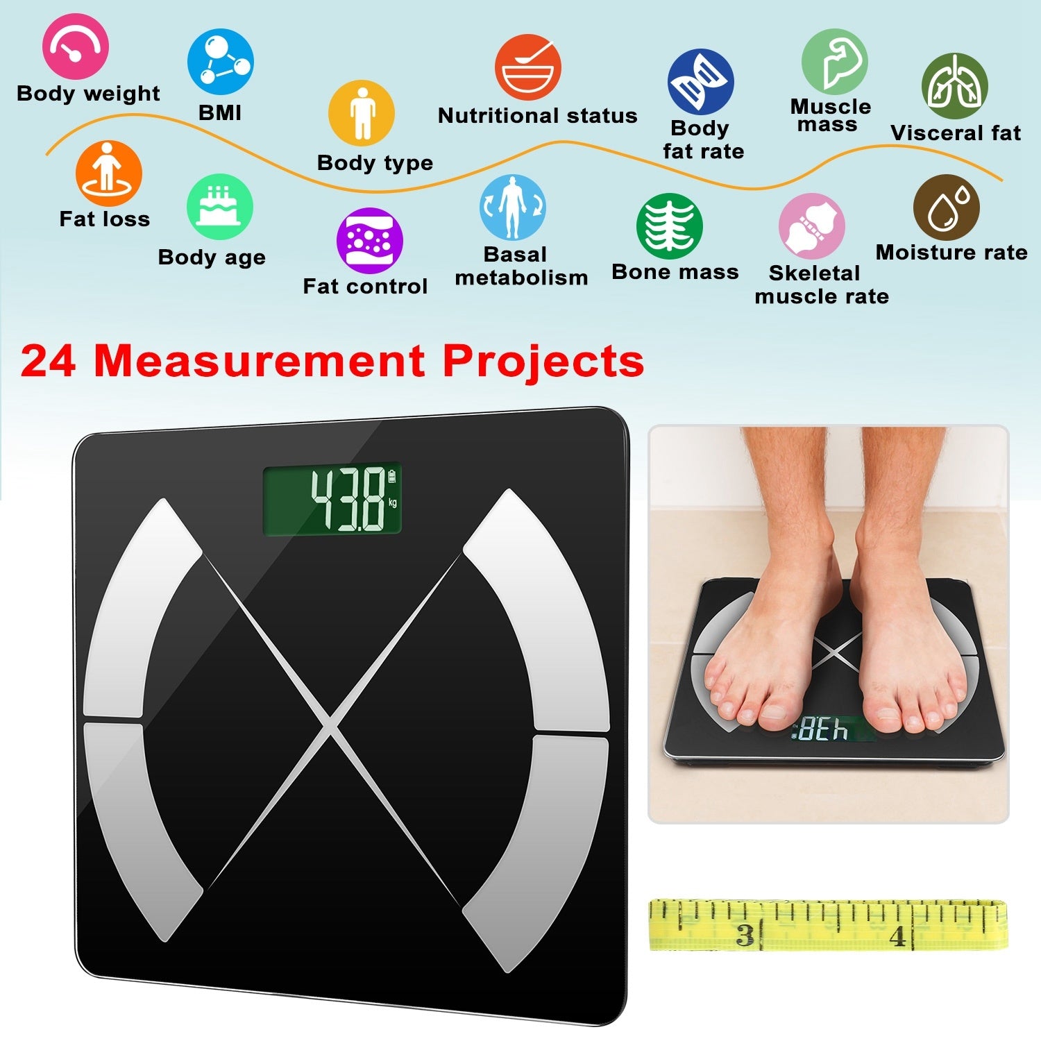 Smart body composition scale, digital fat monitor APP and, BMI analyzer.