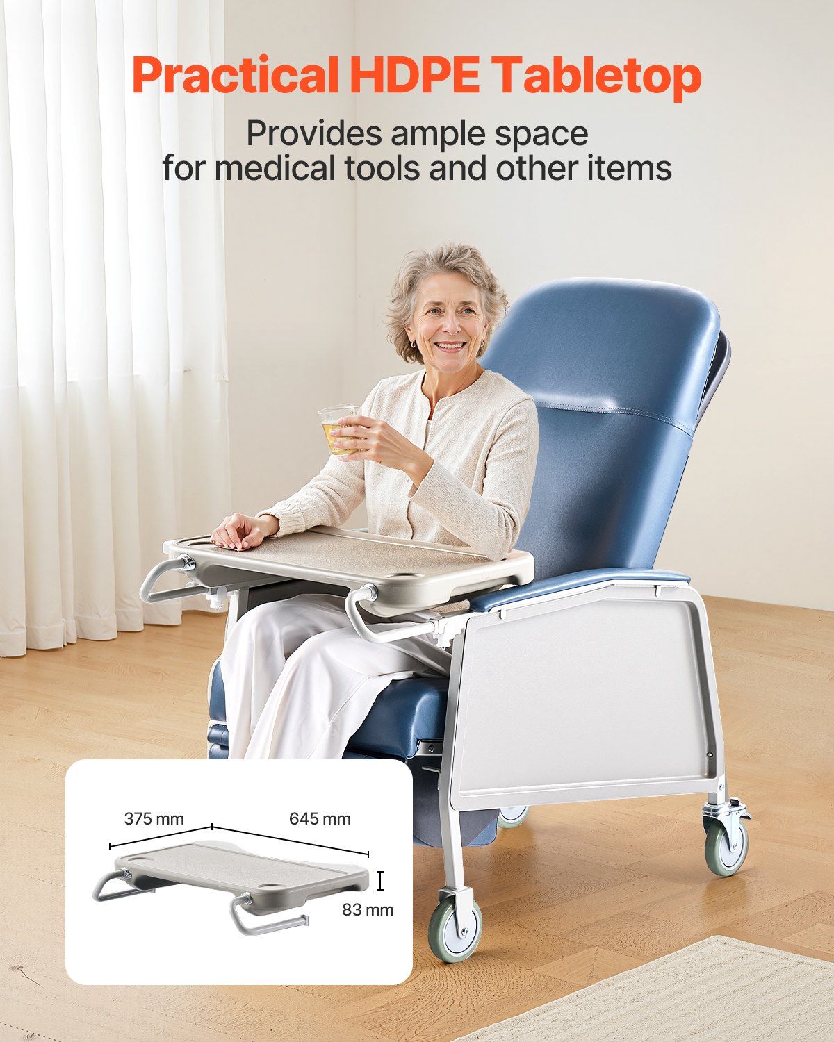 Geriatric Chair Recliner with Tray & 4 Wheels