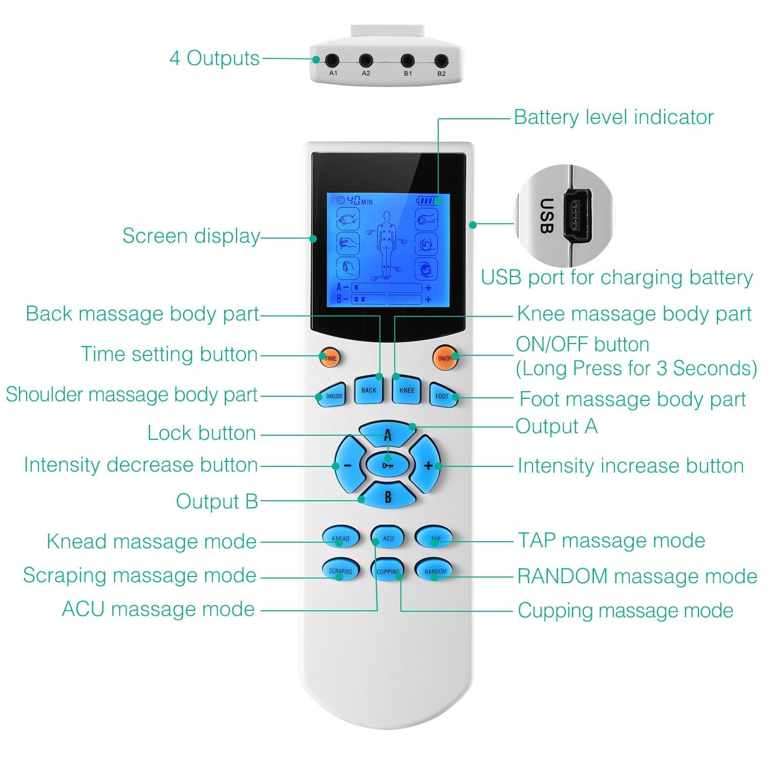 Tens Unit Machine - 10 Modes Pain Relief Body Massager Machine / Muscle Stimulator