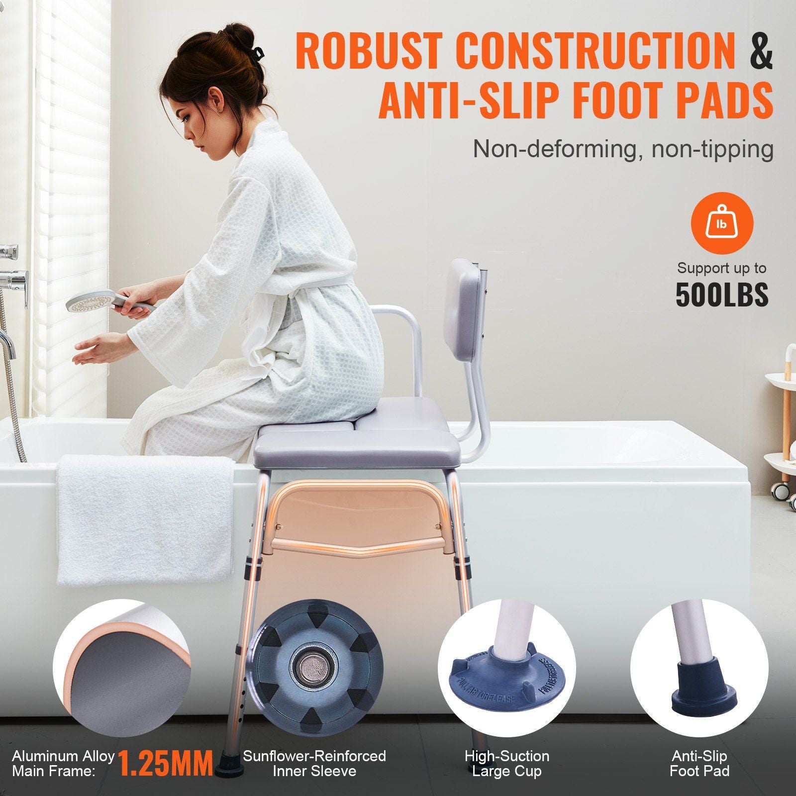 Tub Transfer / Bench for Bathtub 500lbs, with Padded Seat, Armrest and Reversible Backrest