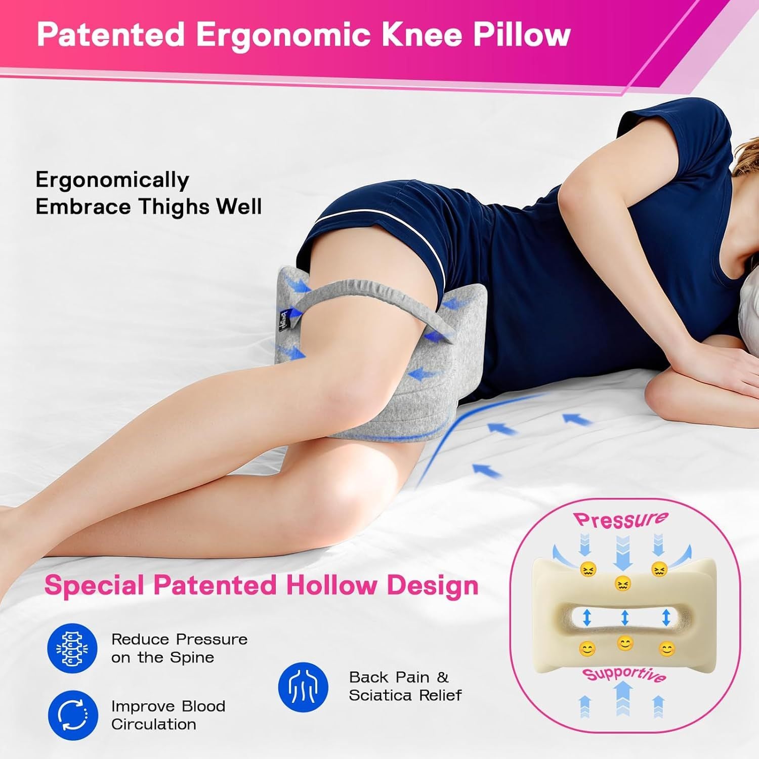 Smooth Spine Alignment / knee Memory Foam Pillow for Back Hip Pain, Spine Aligning, Sciatica, Surgery Recovery, Pregnancy