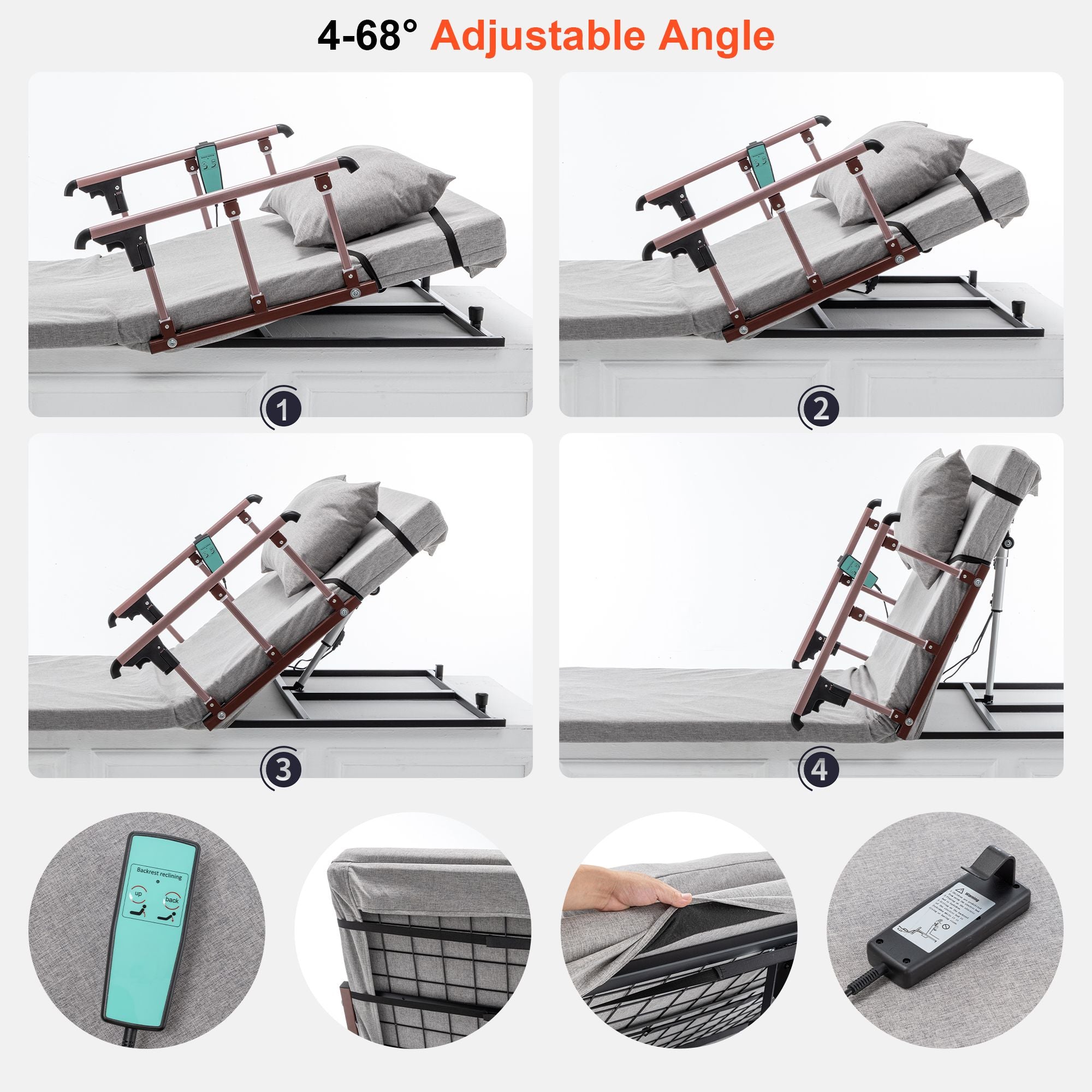 Electric Adjustable Bed Backrest with Collapsible Safety Rails & Remote Control