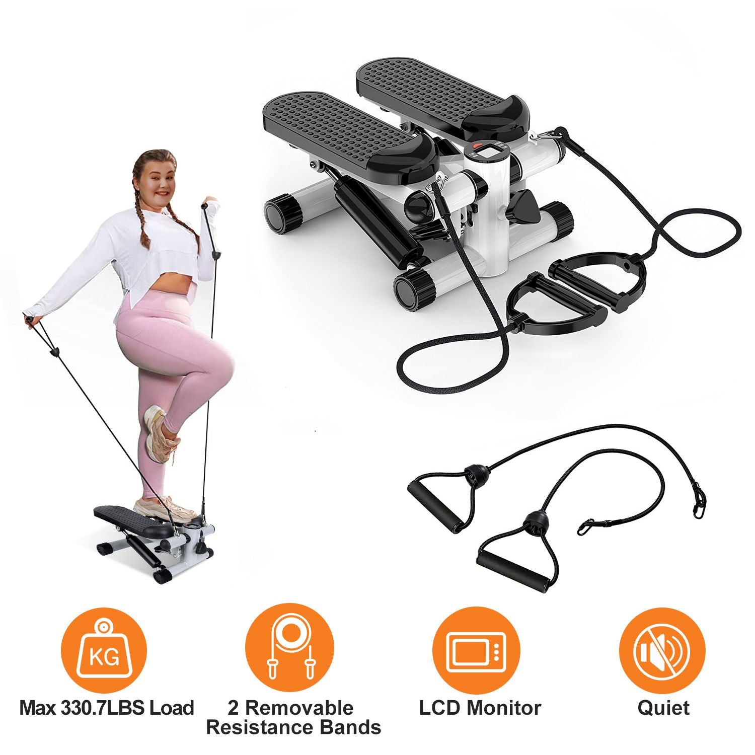 Exercise Mini Fitness Stepper with 2 Resistance Bands and LCD Monitor