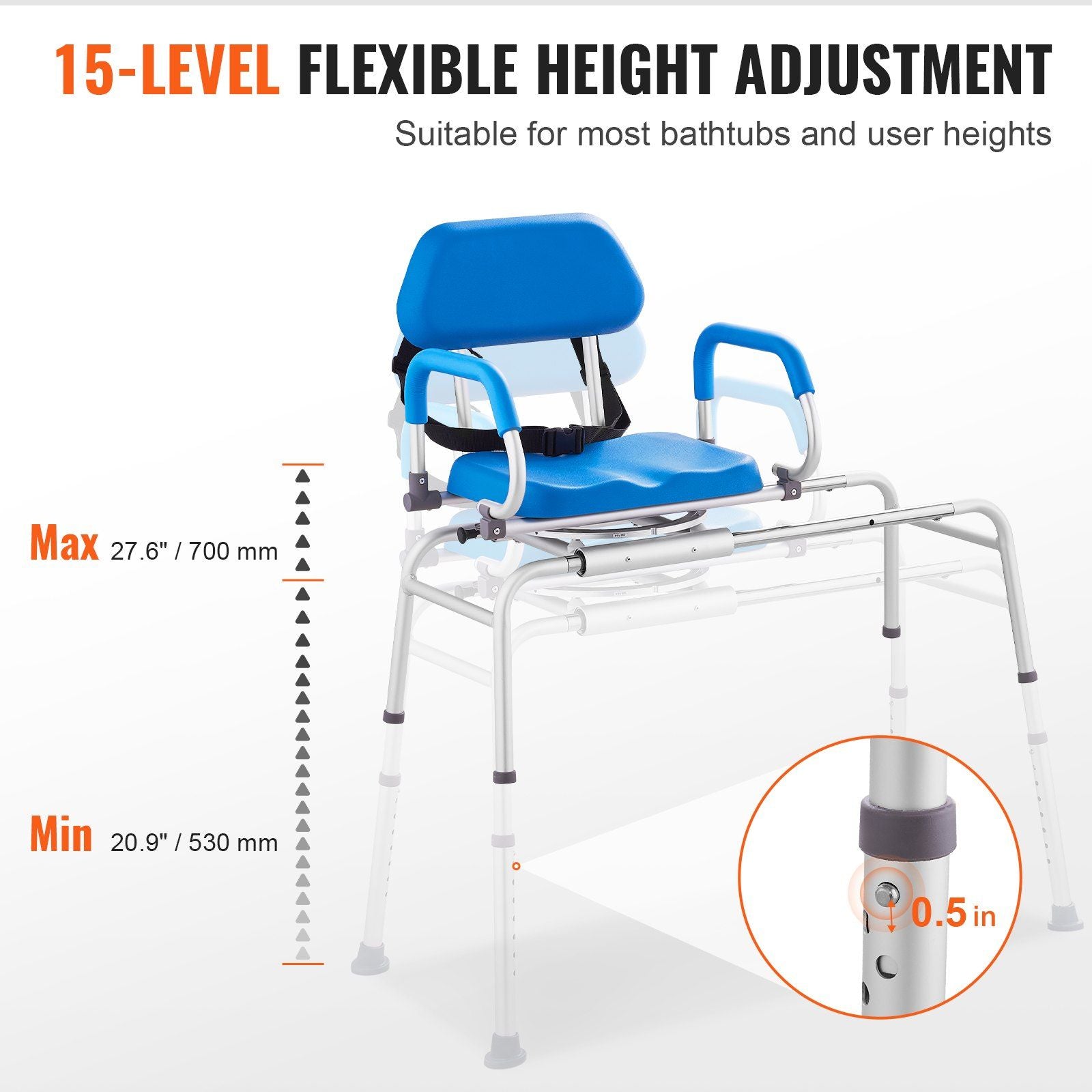 Sliding Tub Transfer - Bench / Shower Chair with 360 Degree Swivel Seat - 330Lbs