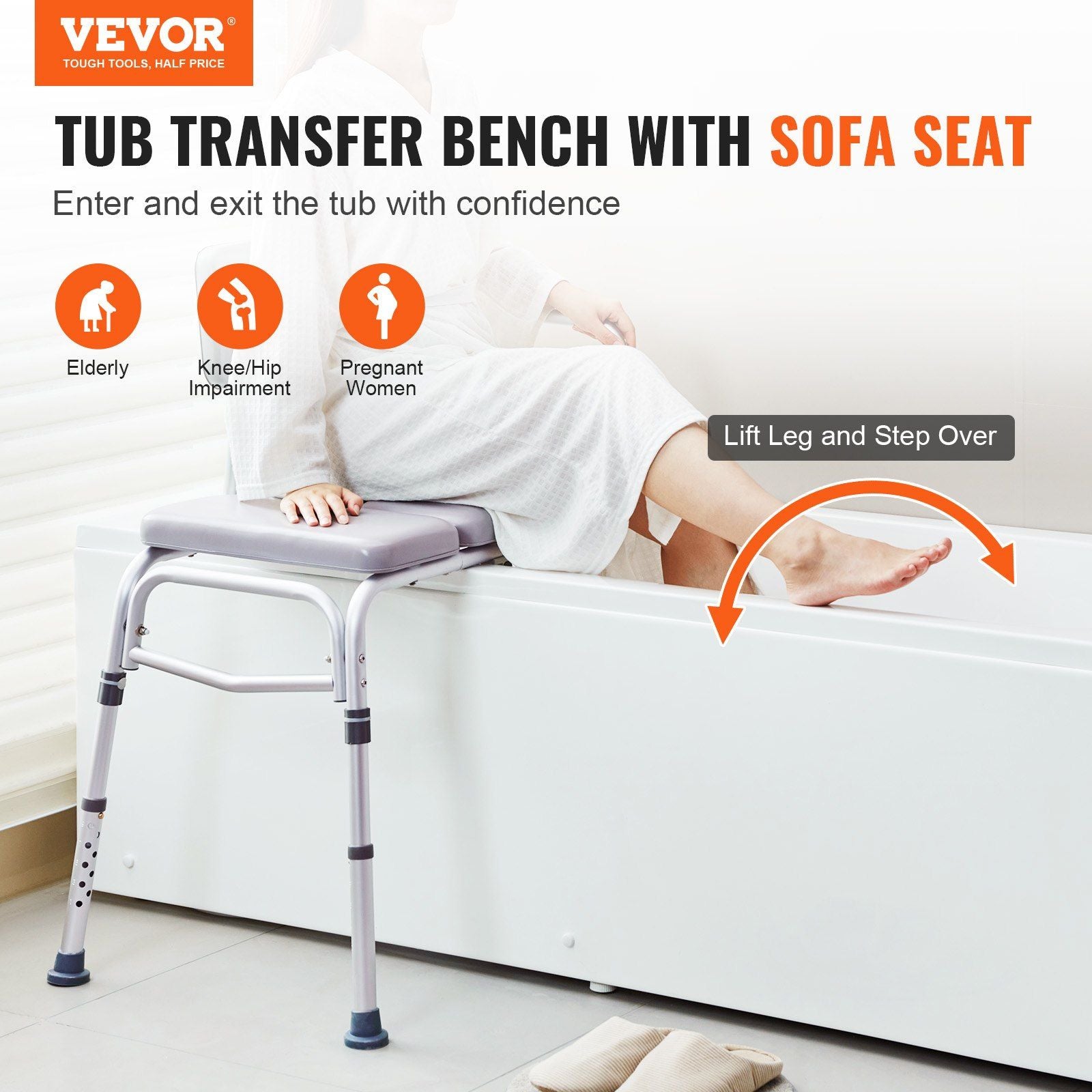 Tub Transfer / Bench for Bathtub 500lbs, with Padded Seat, Armrest and Reversible Backrest